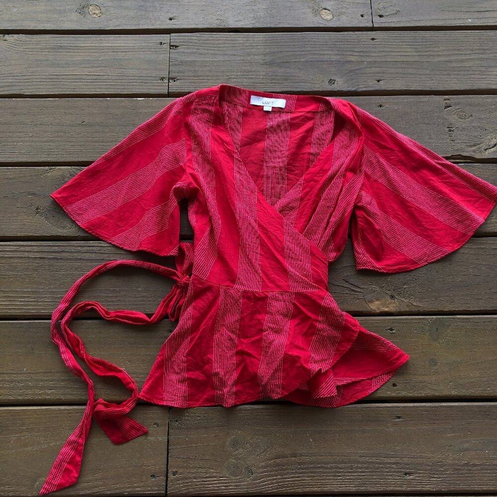 LOFT Red and White Dotted Wrap Top